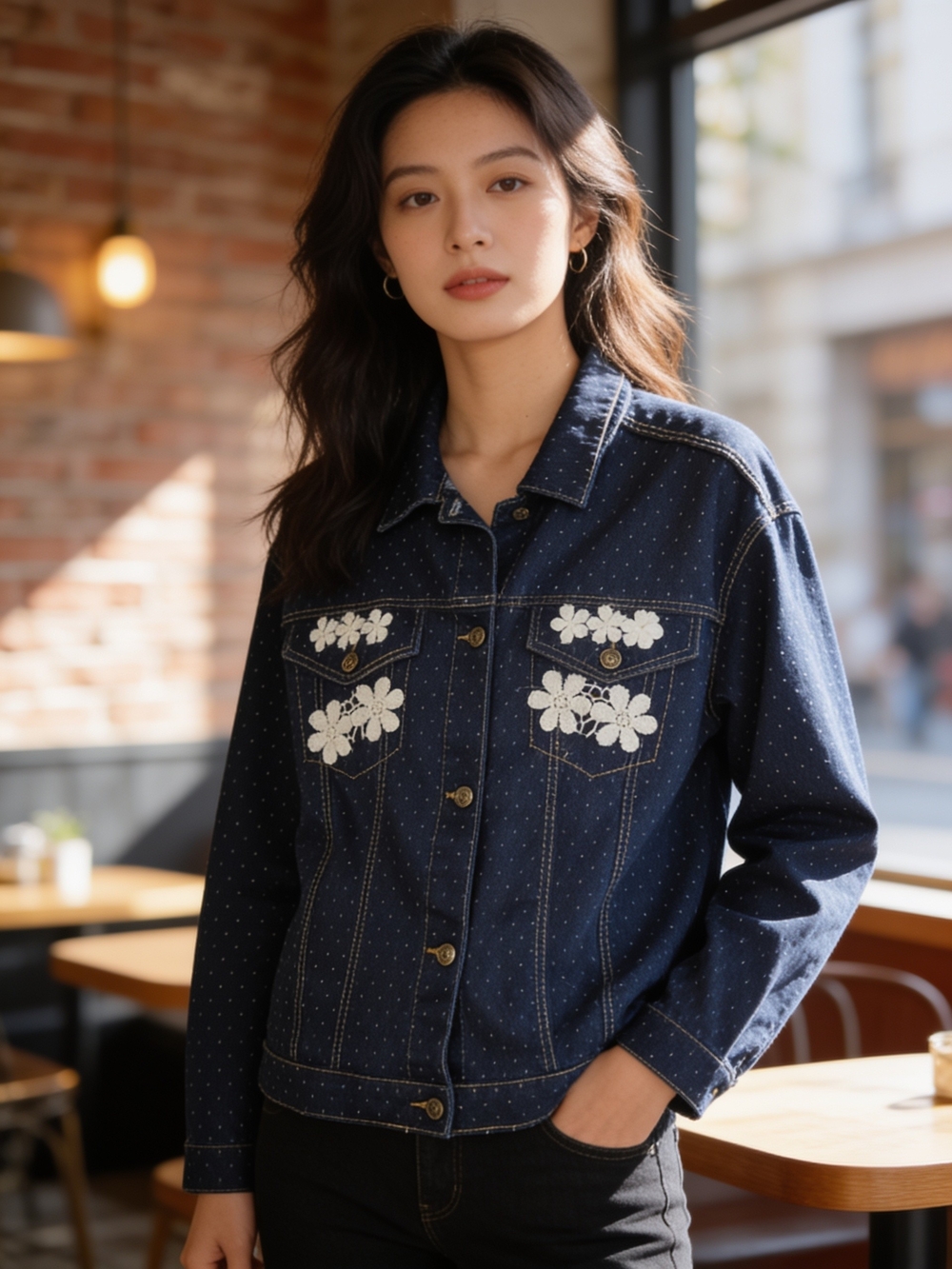 Embroidered Dark Blue Denim Jacket with Floral Motif